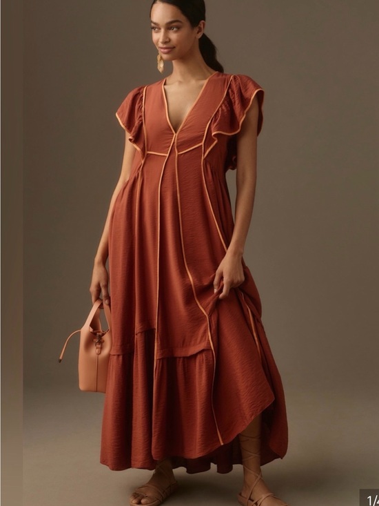 Anthropologie Dresses & Skirts - Anthropologie Rust Orange Ruffle Maxi Dress Size L Boho Tiered Maxi Dress